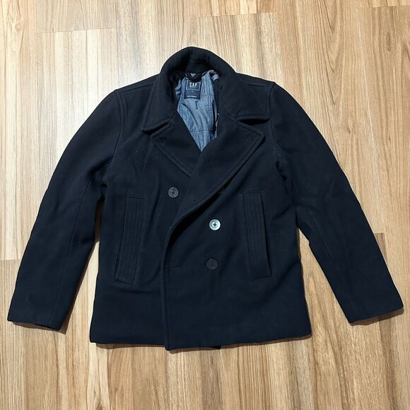 Gap Navy Blue Wool Blend Double Breasted Peacoat Men's Small Overcoat Nautical - Picture 1 of 7
